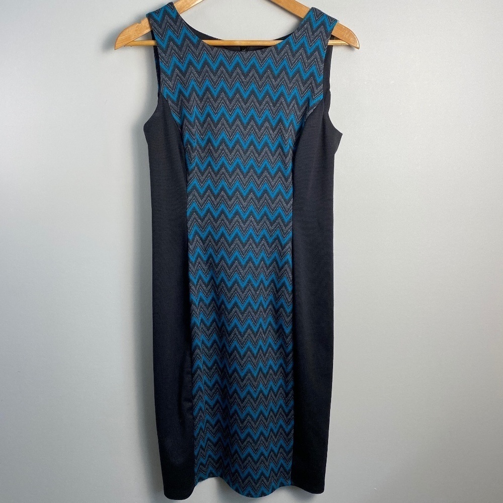 Nine West Women's Sleeveless Black/Teal Aztec Geometric Midi Dress Size 8